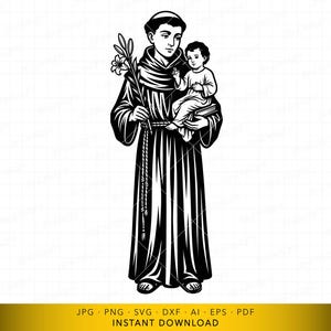 May include: Black and white illustration of a religious figure holding a child and flowers. The figure is wearing a long robe and a cowl. The child is seated on a book. The image is a digital download.