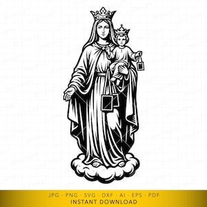 Op de afbeelding: Zwart-wit illustratie van een gekroonde religieuze figuur die een kind vasthoudt, eveneens gekroond. De figuur draagt ​​vloeiende gewaden en staat op een wolkenachtige basis. De afbeelding heeft een gedetailleerde, klassieke stijl.