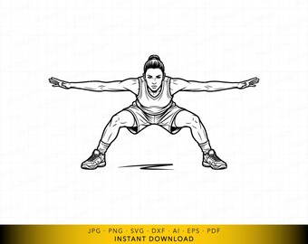 Arquivo vetorial SVG de mulher agachada, pose de treino fitness feminino, silhueta de exercício com as pernas afastadas para Cricut e gravação a laser.