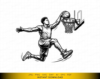 Arquivo vetorial SVG de jogador de basquete fazendo uma enterrada, design esportivo de salto em altura para Cricut e gravação a laser.