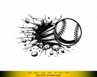 SVG de beisebol quebrando uma parede, beisebol de impacto, design esportivo arrojado para jogadores e fãs, arquivo vetorial SVG, SVG de beisebol destruindo um tijolo