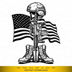 May include: Monochrome illustration depicting a combat helmet, rifle, and boots, with a waving American flag. The image is a memorial to military service and sacrifice.