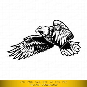 May include: Black and white illustration of a bald eagle in flight, wings spread wide. The eagle is depicted in a detailed, stylized manner, with sharp lines and a focus on the feathers. The image is set against a white background.