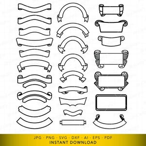 Könnte beinhalten: Eine Sammlung von schwarz-weißen Bannerdesigns in verschiedenen Formen und Stilen. Das Bild zeigt Banner mit gebogenen, gerollten und rechteckigen Formen, die sich für digitale Design- oder Druckprojekte eignen. Der untere Teil des Bildes enthält den Text "INSTANT DOWNLOAD".