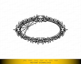ゴシックオーバルフレームSVG、ハロウィンフレームボーダーカットファイル、クリカットとレーザー彫刻用の悪魔モンスターネームプレートデザイン