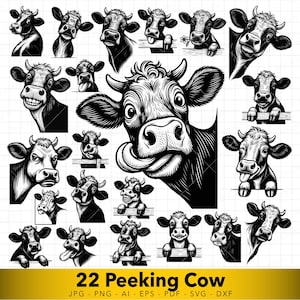 May include: A black and white illustration featuring 22 cow designs, each with a different expression. Some cows are smiling, others have their tongues out, and some are peeking. The text "22 Peeking Cow" is at the bottom.
