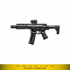 May include: Black and white illustration of a rifle with a magazine, scope, and stock. The weapon is depicted in a detailed, technical style, suitable for enthusiasts of firearms and military themes.