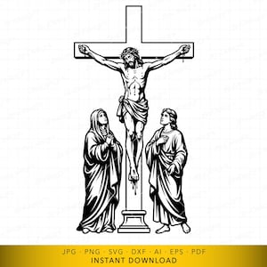 May include: Black and white illustration of Jesus Christ on a cross, with two figures at the base. The cross is large, and the figures are dressed in flowing robes. The image has a religious theme.