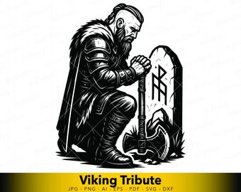 May include: A black and white illustration depicting a kneeling Viking with a beard, holding an axe, and resting his hands on the handle. A tombstone with runes is behind him. The image has the text "Viking Tribute".