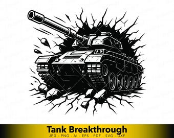 SVG de tanque, vetor de tanque militar rompendo muralha, desenho de linha de tanque de guerra blindado para Cricut.