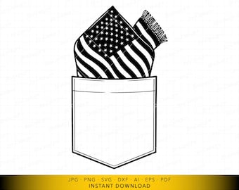 SVG de bolsillo con la bandera estadounidense, diseño patriótico de bolsillo con detalle de bufanda, archivo de corte digital del 4 de julio para Cricut y grabado láser.
