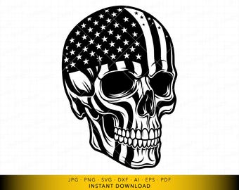 SVG de calavera con la bandera estadounidense, archivo de corte de calavera patriótica, diseño de grabado de calavera con la bandera de EE. UU., archivo vectorial para corte y grabado.