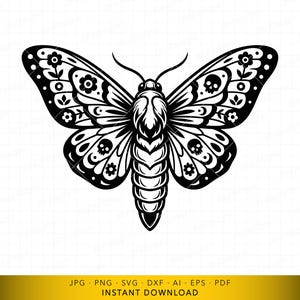 Gothic Butterfly SVG, Moth SVG, Floral Skull Butterfly Cut File, Symmetrical Insect Engraving Design, Vector File for Cutting and Engraving