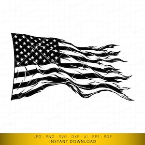 May include: Black and white illustration of a distressed American flag. The flag's stars and stripes are visible, with a tattered, waving design. The image is set against a white background, with the words "INSTANT DOWNLOAD" at the bottom.