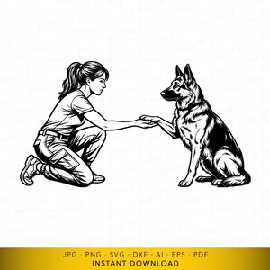 May include: Black and white illustration of a woman kneeling and shaking hands with a German Shepherd dog. The dog is sitting upright, and the woman is wearing a t-shirt and pants. The image has the text "INSTANT DOWNLOAD".