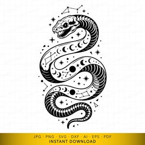 May include: A black and white illustration of a snake with a skeletal design, decorated with crescent moons, stars, and constellations. The image includes the text "JPG • PNG • SVG • DXF • AI • EPS • PDF INSTANT DOWNLOAD".