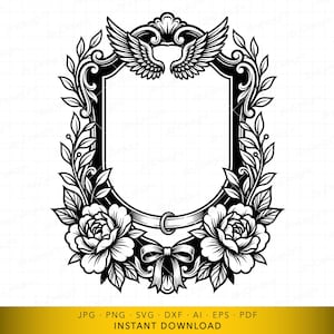 Heraldic Crest SVG, Vintage Emblem Frame Cut File, Winged Shield Monogram Design for Cricut and Laser Engraving