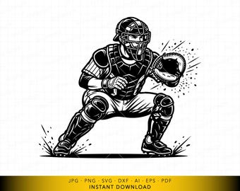 Baseball Catcher SVG, Catcher Receiving Ball Vector File, Baseball Player Clipart for Cricut and Laser Engraving
