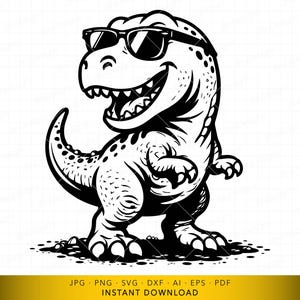May include: Black and white illustration of a cartoon Tyrannosaurus Rex wearing sunglasses and smiling. The dinosaur is standing with its mouth open, showing teeth. The image has a playful and fun vibe, suitable for various products.