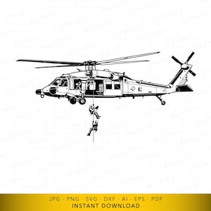 Op de afbeelding: Zwart-wit illustratie van een helikopter met twee figuren die zich aan een touw naar beneden laten zakken. De helikopter heeft gedetailleerde kenmerken, waaronder rotors en ramen. De afbeelding is een digitaal ontwerp, geschikt voor print of digitaal gebruik.