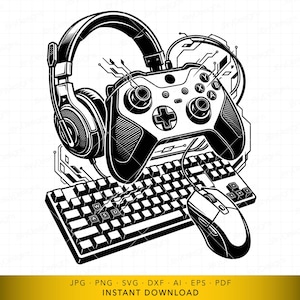May include: Black and white illustration of gaming equipment, including headphones, a game controller, keyboard, and mouse. The design features a tech-inspired aesthetic with circuit-like lines. The image is a digital download.