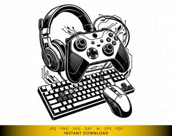 Gaming Controller SVG, Headset Keyboard and Mouse Setup Vector File, Gamer Gear for Cricut and Laser Engraving