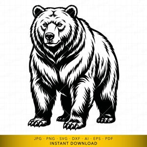 Puede incluir: Ilustración en blanco y negro de un oso de pie. El oso está representado con detalles de pelaje y una expresión concentrada. La imagen es una descarga digital, como indica el texto en la parte inferior.