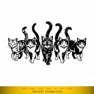 Puede incluir: Ilustración en blanco y negro de seis gatos caminando hacia adelante. Los gatos tienen varias marcas, incluyendo rayas y manchas. La imagen es una descarga digital, como se indica en el texto de la parte inferior.