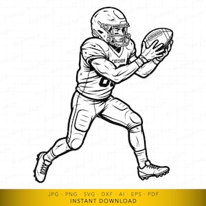 Op de afbeelding: Zwart-wit illustratie van een American football-speler in actie. De speler draagt een helm, schouderbeschermers en een uniform en vangt de bal. Het woord "Catcher" is zichtbaar op het uniform. De speler rent met de bal.