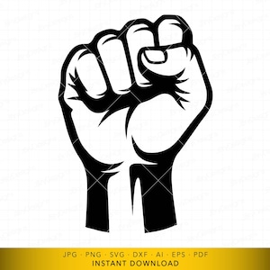 May include: A black and white graphic of a clenched fist, a symbol of solidarity and strength. The fist is rendered in a bold, minimalist style, with strong lines and a clear silhouette. The image is set against a white background.