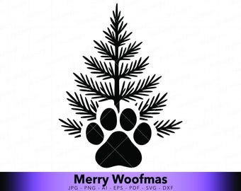 Dog Paw Christmas SVG Minimal Tree Design, Pet Holiday Vector for Cricut, Laser Cut, Vinyl Decals and Rustic Decor