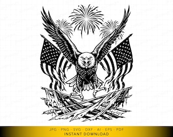 Águila americana SVG, bandera de EE. UU. y águila patriótica con fuegos artificiales, archivo vectorial detallado para Cricut y grabado láser.