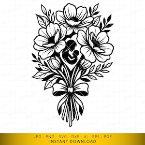 May include: Black and white floral bouquet design with a mother and child silhouette in the center. The bouquet features large, detailed flowers, leaves, and a ribbon. The image is a digital illustration, suitable for various craft projects.