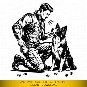 May include: Black and white illustration of a person kneeling and petting a dog. The dog is a border collie. The person is wearing a jacket and pants. Paw prints are at the bottom. Text at the bottom says "JPG PNG SVG DXF AI EPS PDF INSTANT DOWNLOAD".