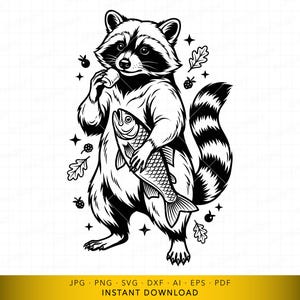 Raccoon SVG, Raccoon Holding Fish Cut File, Standing Raccoon SVG, Cute Woodland Animal Vector for Cricut and Laser Engraving