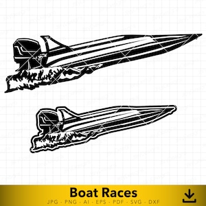 May include: Black and white silhouette of two speedboats racing, with water spray behind them. The boats have a sleek, modern design. The image is titled "Boat Races".