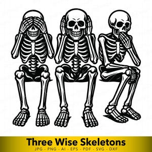 Op de afbeelding: Zwart-wit illustratie van drie skeletten in de klassieke "zie geen kwaad, hoor geen kwaad, spreek geen kwaad" poses. De skeletten zitten, met de tekst "Three Wise Skeletons" onderaan.