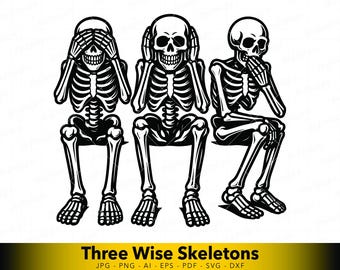 Drei weise Skeletons SVG, sehen das Böse nicht hören hören nicht das Böse sprechen nicht böse Schädel Vektor für Cricut und Laser Cut