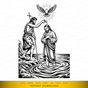 Può includere: Illustrazione in bianco e nero raffigurante una scena di battesimo religioso. Un uomo in una veste viene battezzato da un altro uomo, che tiene un bastone. Una colomba con un'aureola radiosa è sopra di loro. Download digitale.
