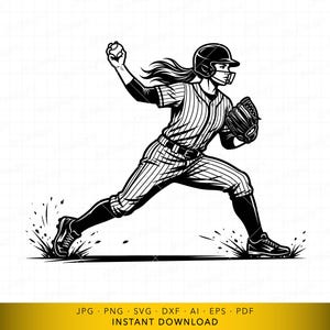 Puede incluir: Ilustración en blanco y negro de una jugadora de softbol en acción, lanzando una pelota. La jugadora lleva un casco, un uniforme a rayas y un guante. La imagen incluye el texto "JPG PNG SVG DXF AI EPS PDF DESCARGA INSTANTÁNEA".