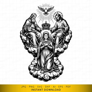 May include: Black and white illustration of a religious scene. God the Father and Jesus are seated on clouds, with a crown above a woman kneeling below. A dove and rays of light are above. The image is a digital download.