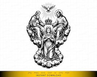 Coronation of Mary SVG, Holy Trinity Crown Scene Cut File, Catholic Religious Vector Design, for Cricut and Laser Engraving