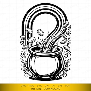 Pot of Gold SVG, Rainbow Pouring Coins Cut File, St Patricks Day Celebration Design for Cricut and Laser Engraving