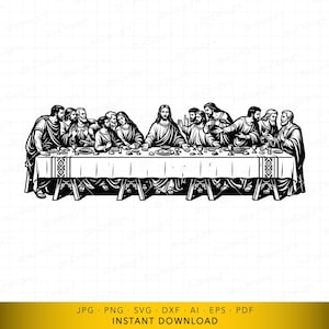Puede incluir: Ilustración en blanco y negro de la Última Cena. La imagen muestra a Jesús y sus discípulos sentados a una larga mesa, con representaciones detalladas de sus túnicas, rasgos faciales y la mesa. Descarga digital.