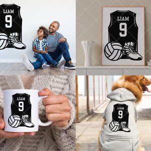 May include: A set of personalized volleyball-themed gifts featuring a black and white illustration of a jersey, volleyball, and shoe. The jersey has the name "Liam" and the number "9" on it. The gifts include a mug, a framed print, and a dog hoodie.