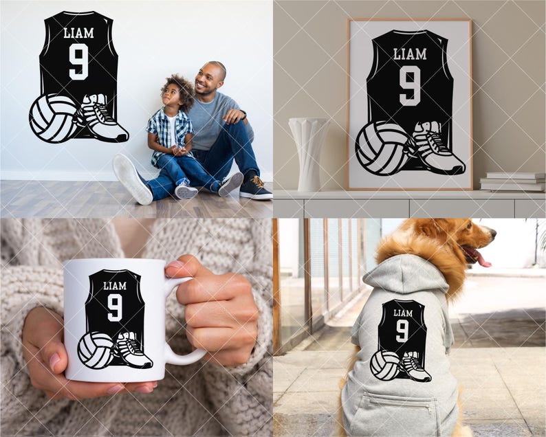 May include: A set of personalized volleyball-themed gifts featuring a black and white illustration of a jersey, volleyball, and shoe. The jersey has the name "Liam" and the number "9" on it. The gifts include a mug, a framed print, and a dog hoodie.