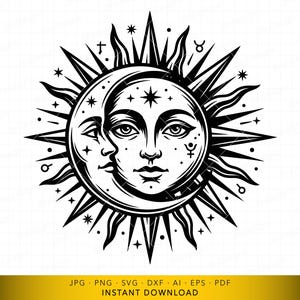Pode incluir: Design celestial em preto e branco com o sol e a lua com rostos, rodeados por estrelas e raios afiados. A lua está dentro dos raios do sol. A imagem inclui o texto "INSTANT DOWNLOAD" e informações sobre o tipo de arquivo.