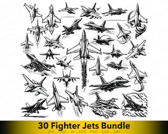 Pacote com 30 arquivos SVG de jatos de combate, conjunto de vetores de aeronaves militares para corte a laser, CNC e Cricut.