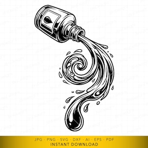 May include: Black and white illustration of a nail polish bottle pouring out a stylized swirl of polish. The bottle is tilted, and the polish forms a decorative design with droplets.