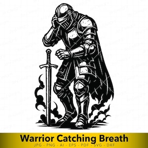 May include: Black and white illustration of a medieval knight in full armor, resting with a sword at his side. The knight is depicted with a helmet and cape, with the text "Warrior Catching Breath" at the bottom.